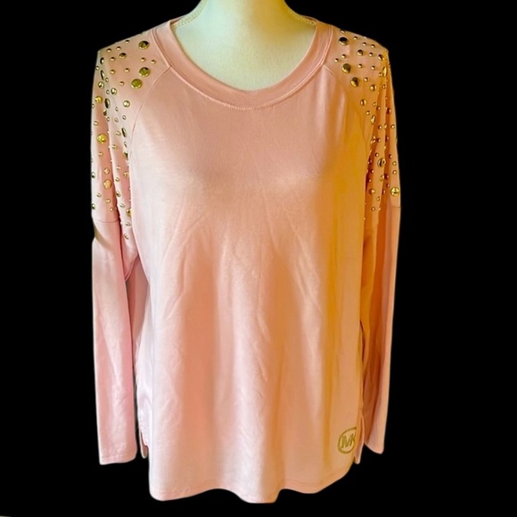 Michael Kors, ladies, pink crewneck, top eye catching gold studs large - Picture 1 of 15
